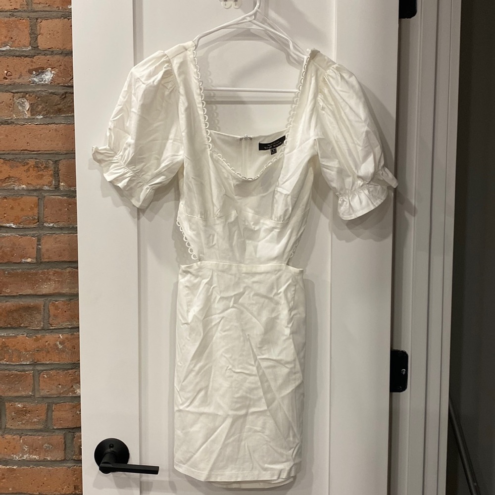 Size Small White Body Con Mini Dress with Cut Outs and Puff Sleeves (with tags!)
